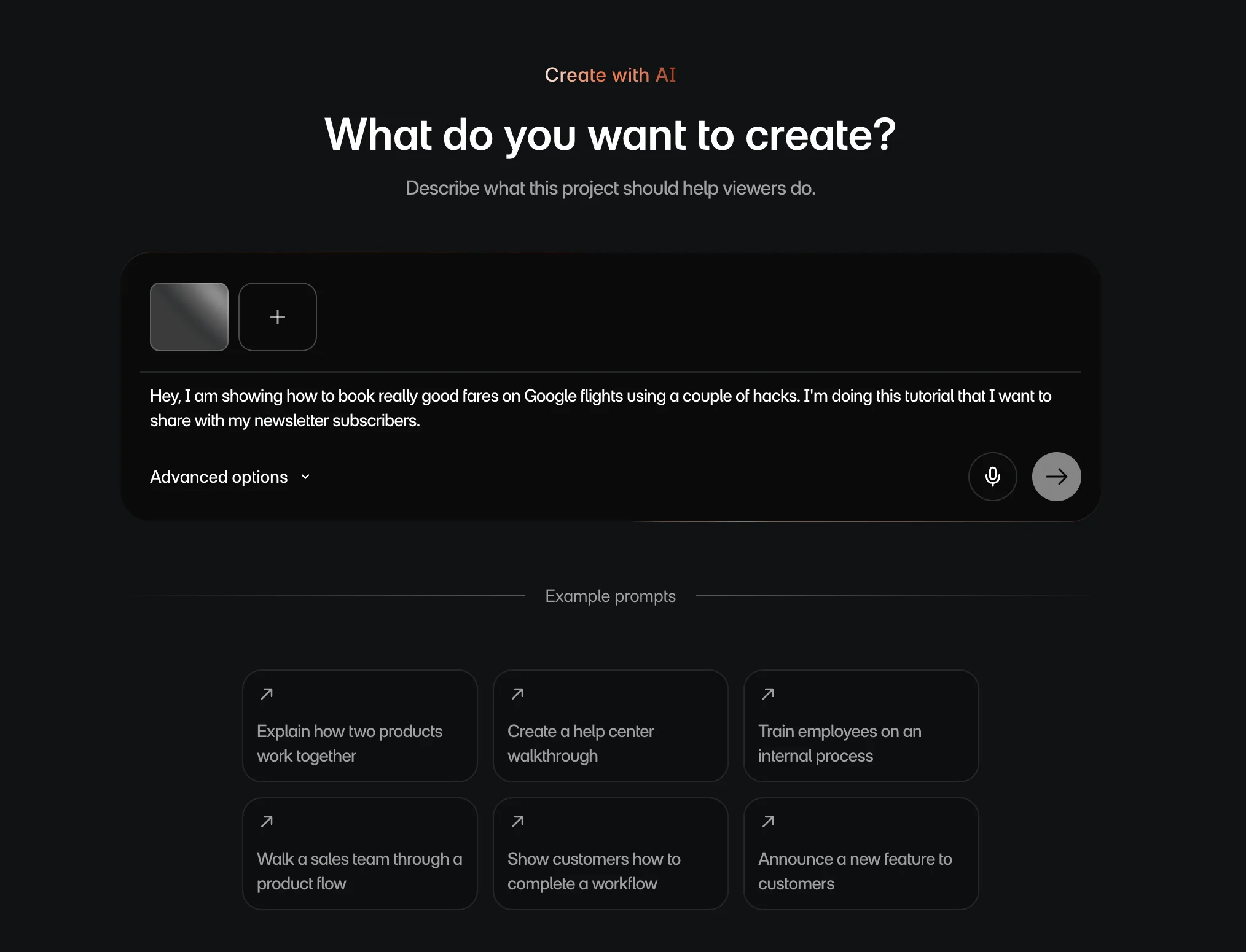 Create with Agent screen showing source media, viewer intent, and creation controls